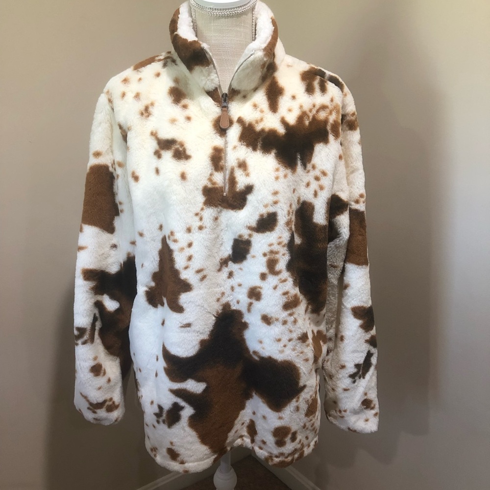 Cow-Print Pullover Faux-Fur Sherpa Quarter-Zip Pullover